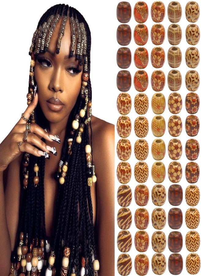 VENOFEN 60PCS Painted Wood Hair Beads Large Hole Natural Wooden Beads for Loc Dreadlock Hair Accessories Braids Decoration - Image 1