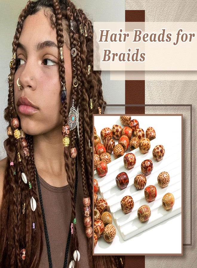 VENOFEN 60PCS Painted Wood Hair Beads Large Hole Natural Wooden Beads for Loc Dreadlock Hair Accessories Braids Decoration - Image 3