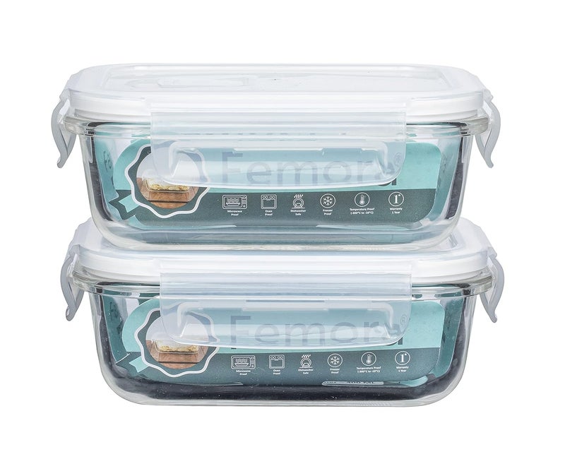 Femora Borosilicate Glass Containers for Kitchen 1 Year Warranty Container Boxes for Storage Storage Box for Kitchen with Air Vent Lid Microwave Safe Rectangular Set of 2400ml Each - Image 1