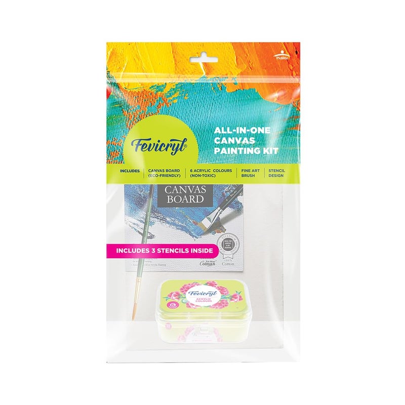 Fevicryl All in One Canvas Kit with 1 Canvas, 1 Brush, 1 Acrylic Colour Kit, Stencils | DIY Art & Craft Kit | Ideal Painting Gift Set for Artists, Students, Hobbyists - Image 1