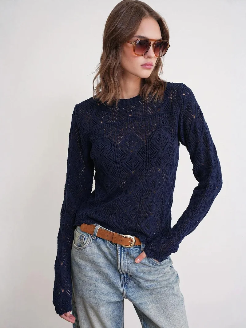 MixRay Mixray Textured Knit Sweater with Crew Neck