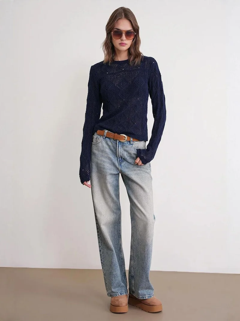 MixRay Mixray Textured Knit Sweater with Crew Neck