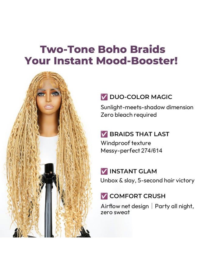 SuperNova 36 Inches Full Lace Boho Box Braided Wig T274/614# Ombre Blonde Synthetic Braids Wig With Baby Hair Bohemian Long Highlight Square Knotless Braided Wigs For Black Women (36 Inch) - Image 4