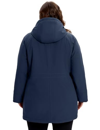 WINDMILL Womens Plus Size Softshell Jacket, Warm Windbreaker Coat with Hood Mid-length Winter Coat, Navy, 1X - Image 3