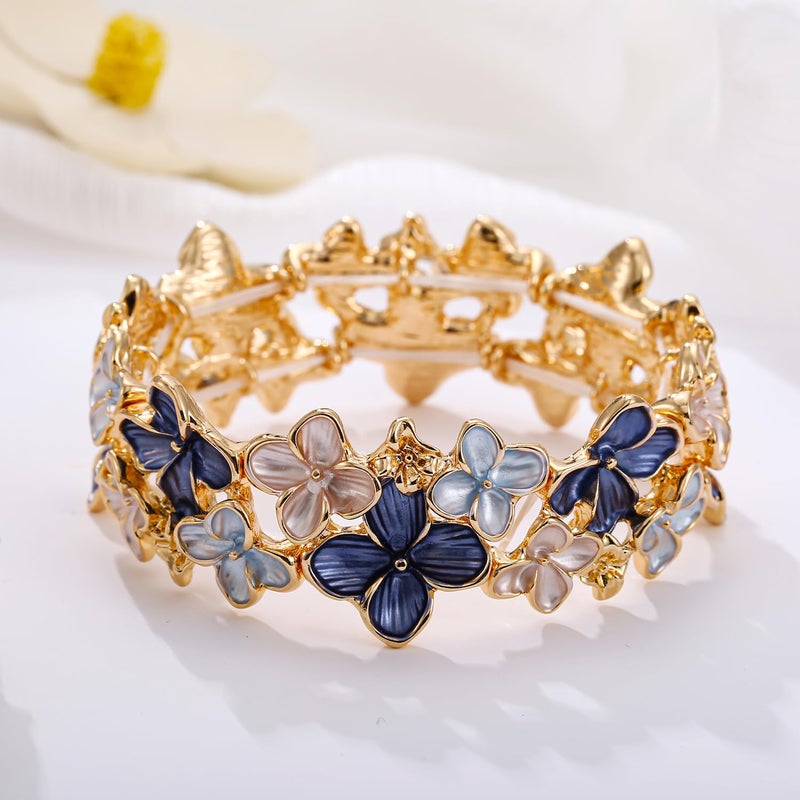 LUREME Gold Sakura Floral Bracelet for Women - Colorful Enamel Flower Stretch Bangle, Adjustable Elastic Cuff (bl003608-4) - Image 4