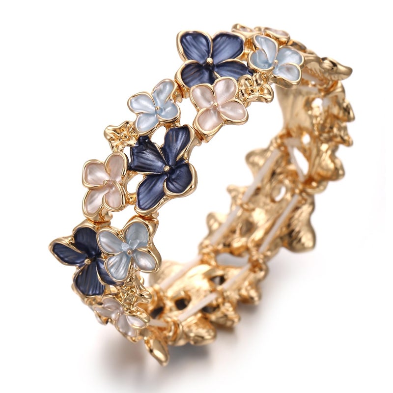 LUREME Gold Sakura Floral Bracelet for Women - Colorful Enamel Flower Stretch Bangle, Adjustable Elastic Cuff (bl003608-4) - Image 1