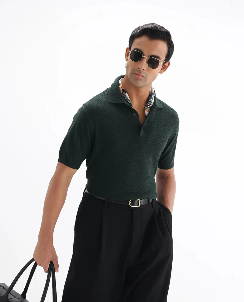 Rare Rabbit Men's Cable Knit Regular Fit Solid Polo