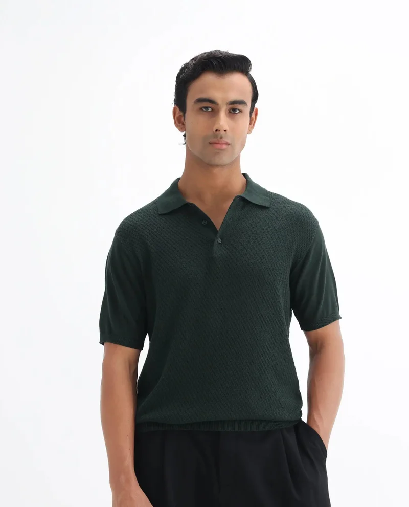 Rare Rabbit Men's Cable Knit Regular Fit Solid Polo