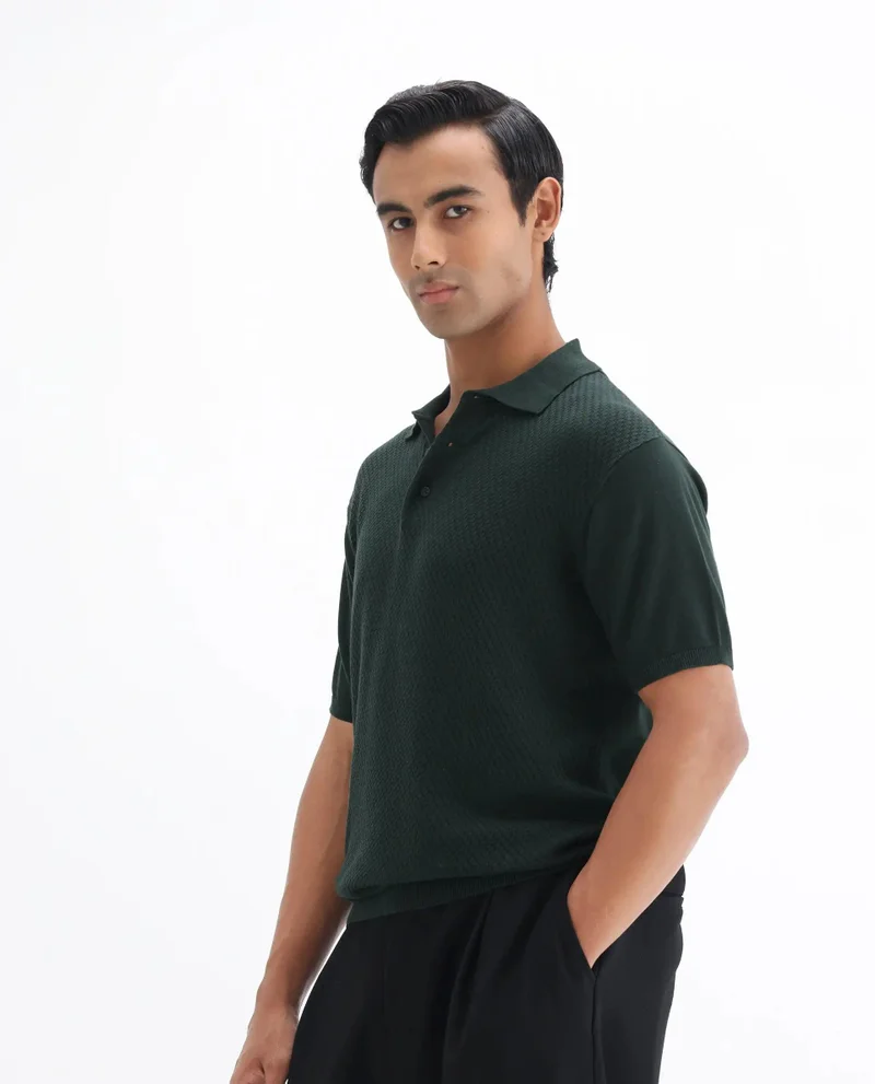 Rare Rabbit Men's Cable Knit Regular Fit Solid Polo