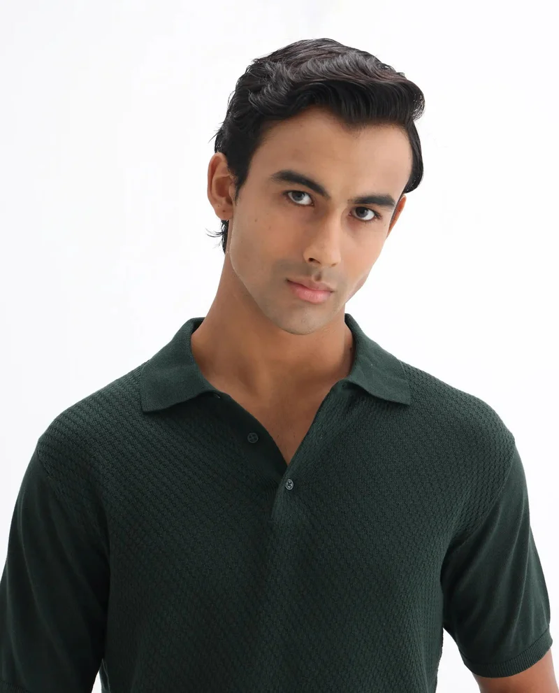 Rare Rabbit Men's Cable Knit Regular Fit Solid Polo