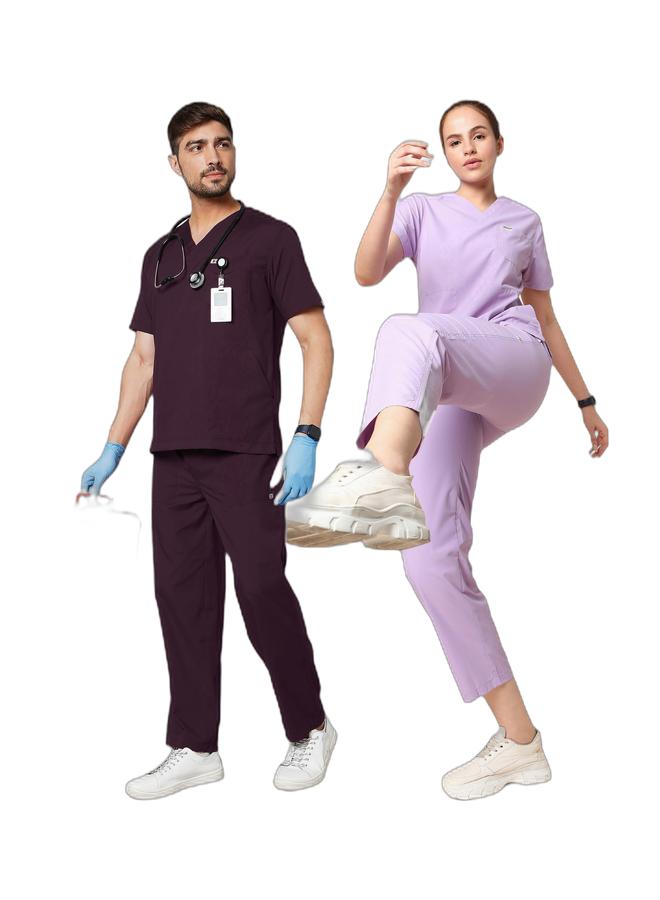 Knya Scrub Suit for Men | 5 Pockets | Wine XS & Knya Scrub Suit for Women | 5 Pockets | Pastel Lilac XS Bundle - Image 1