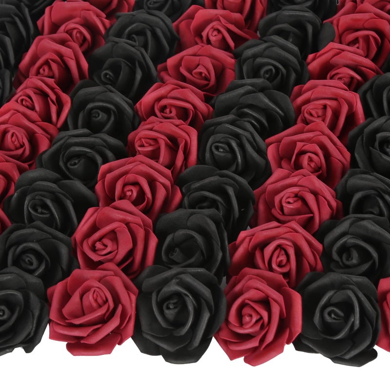 INSUNSIX 100pcs Burgundy Artificial Rose Flower Heads 3inch Black Foam Roses Bulk Stemless Fake Flower Heads for DIY CraftsCake Decoration WeddingBaby Shower Flower CenterpiecesBlackBurgundy
