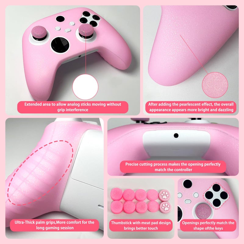 HLRAO Pink Glitter Anti-Slip Protective Silicone Cover Skin Grips for Xbox Series X/S Controller,8 PCS Glitter Thumb Grips Caps and 2 Grips Caps. - Image 3