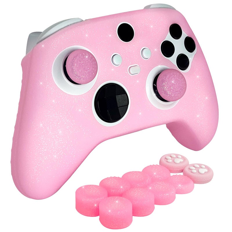 HLRAO Pink Glitter Anti-Slip Protective Silicone Cover Skin Grips for Xbox Series X/S Controller,8 PCS Glitter Thumb Grips Caps and 2 Grips Caps. - Image 1