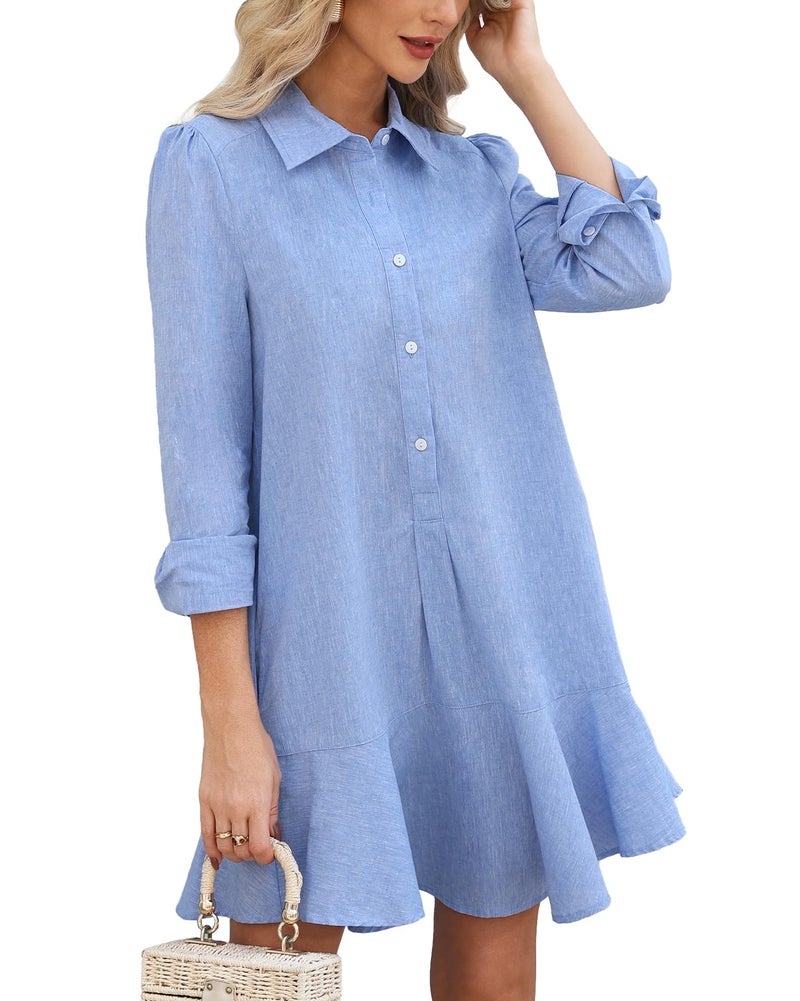 Kedera Women's Tunic Mini Shirt Dress Cotton Long Sleeve Ruffle Hem Dress Button Up Shift Chambray Dresses - Image 1