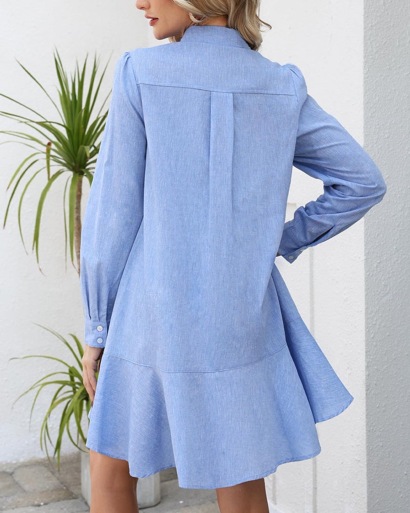Kedera Women's Tunic Mini Shirt Dress Cotton Long Sleeve Ruffle Hem Dress Button Up Shift Chambray Dresses - Image 2