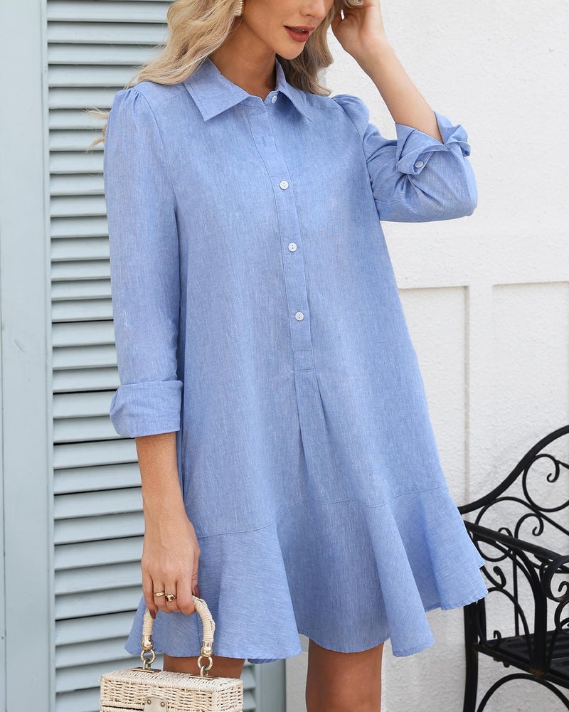 Kedera Women's Tunic Mini Shirt Dress Cotton Long Sleeve Ruffle Hem Dress Button Up Shift Chambray Dresses - Image 4