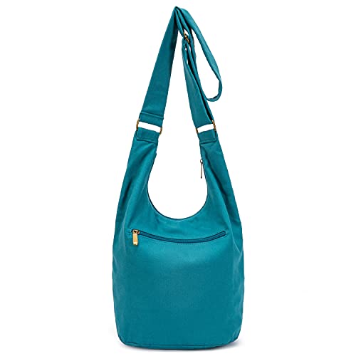 Coton Pose Hippie Crossbody Bag Top Zip Large Size Canvas Sling Bag Jacquard cloth Handmade Bags (Peacock blue) - Image 2