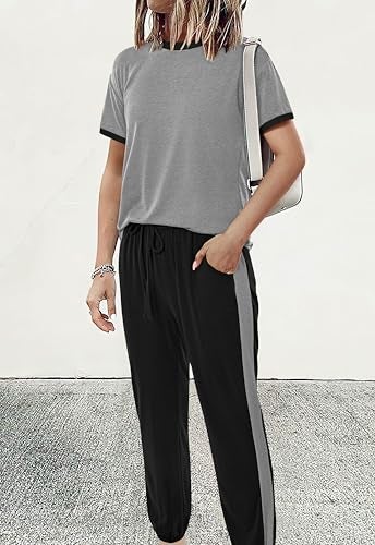 MASCOMODA Womens 2 Piece Outfits 2026 Summer Tracksuit Sets Short Sleeve Tops Travel Long Pants Jogger Lounge Set(Grey Black,Small) - Image 2