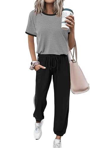 MASCOMODA Womens 2 Piece Outfits 2026 Summer Tracksuit Sets Short Sleeve Tops Travel Long Pants Jogger Lounge Set(Grey Black,Small) - Image 1