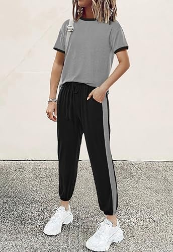 MASCOMODA Womens 2 Piece Outfits 2026 Summer Tracksuit Sets Short Sleeve Tops Travel Long Pants Jogger Lounge Set(Grey Black,Small) - Image 3