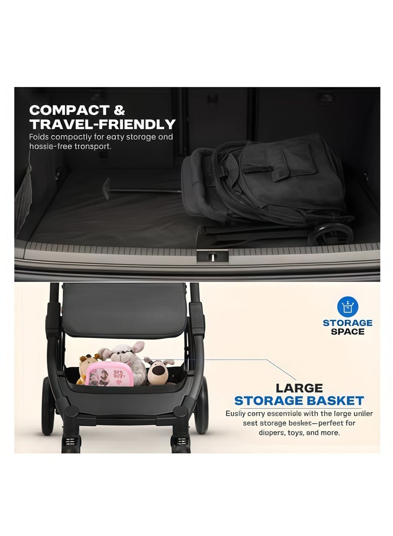 MIXDE Foldable Cabin Baby Stroller Pram for Baby with 3-Position Adjustable Seat, Metal Frame  Canopy, Bassinet, Parent Handle, 5 Point Safety Belt, Stroller for Kids Toddler 0 to 3 Years Boy Girl Black - Image 5