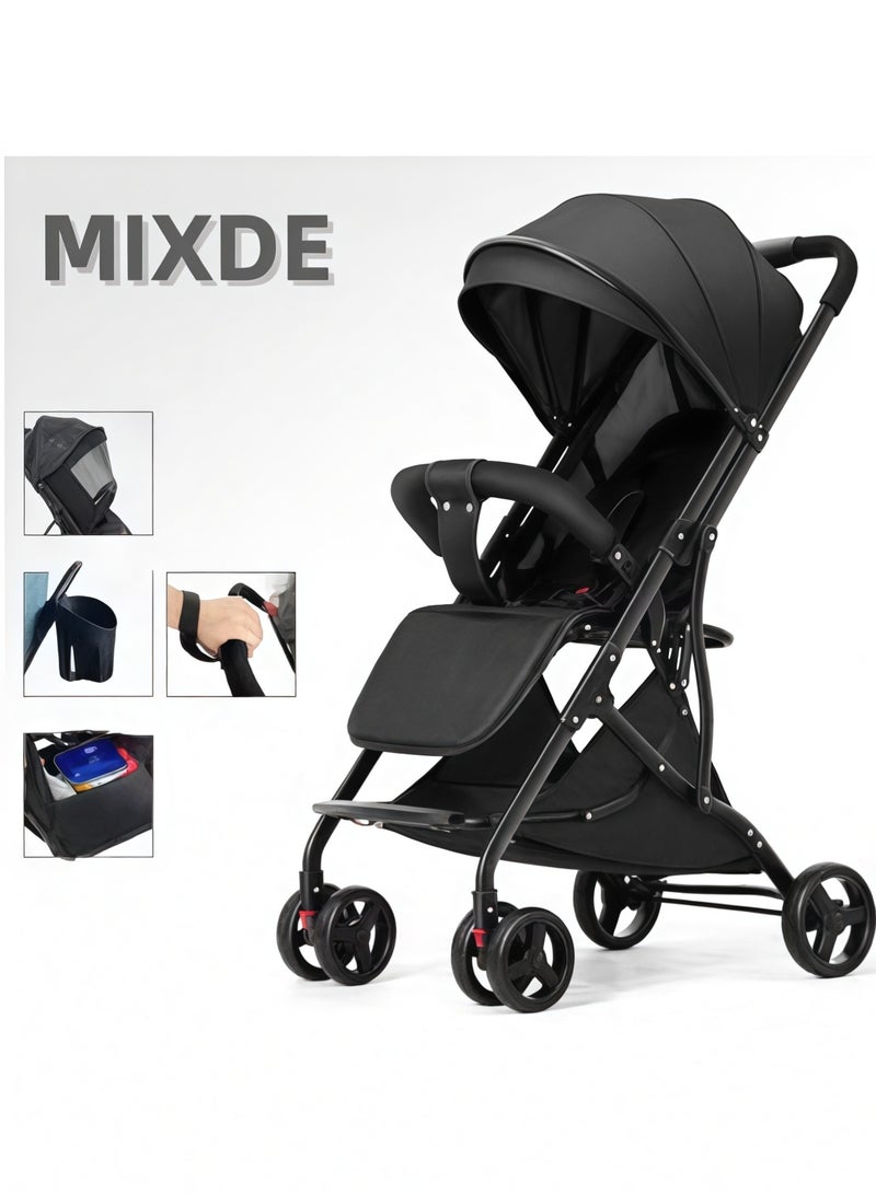 MIXDE Foldable Cabin Baby Stroller Pram for Baby with 3-Position Adjustable Seat, Metal Frame  Canopy, Bassinet, Parent Handle, 5 Point Safety Belt, Stroller for Kids Toddler 0 to 3 Years Boy Girl Black - Image 1