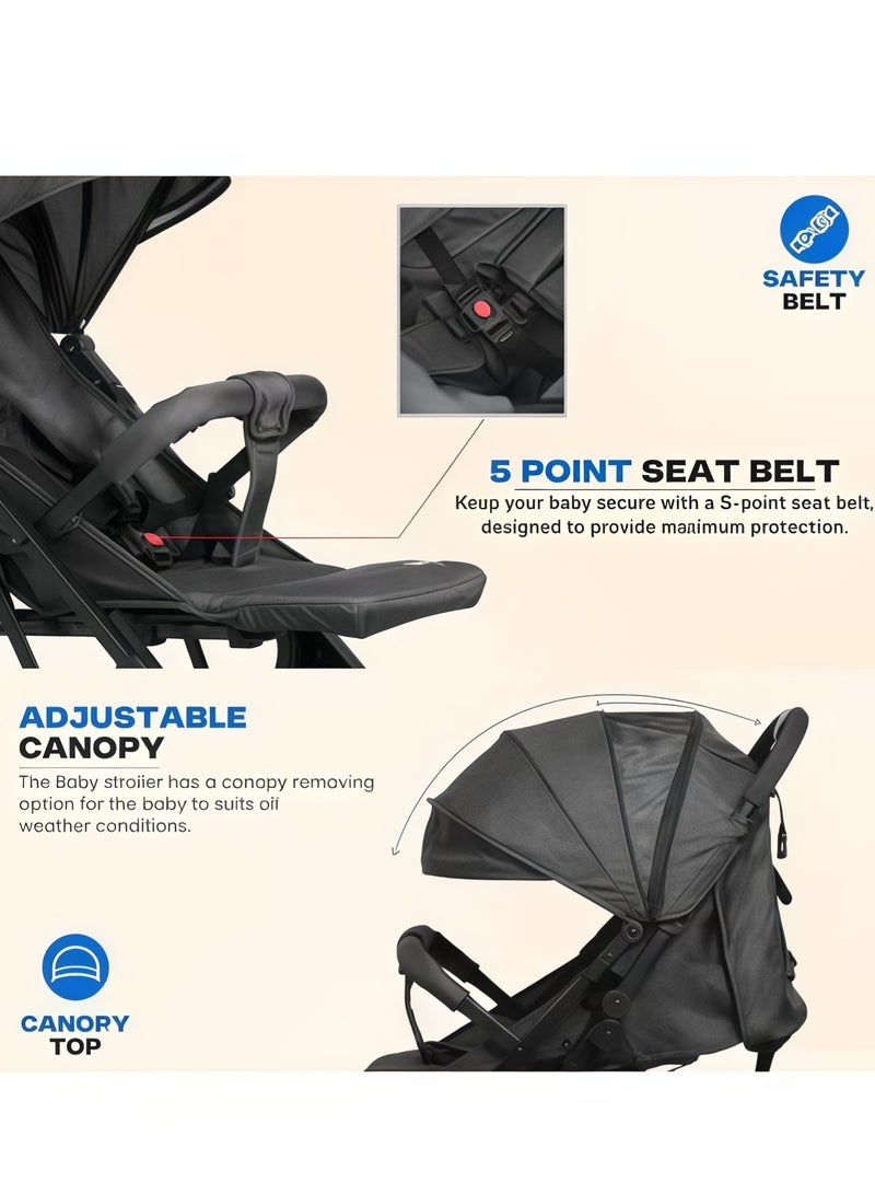 MIXDE Foldable Cabin Baby Stroller Pram for Baby with 3-Position Adjustable Seat, Metal Frame  Canopy, Bassinet, Parent Handle, 5 Point Safety Belt, Stroller for Kids Toddler 0 to 3 Years Boy Girl Black - Image 3