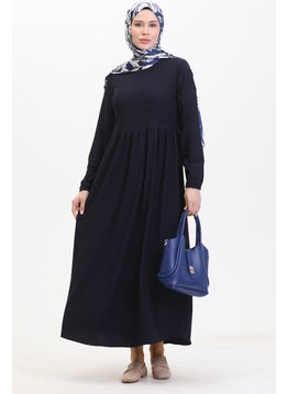 Sefa Merve Bürümcük Fabric Pleated Waist Dress 1016-01 Navy Blue  - Image 1