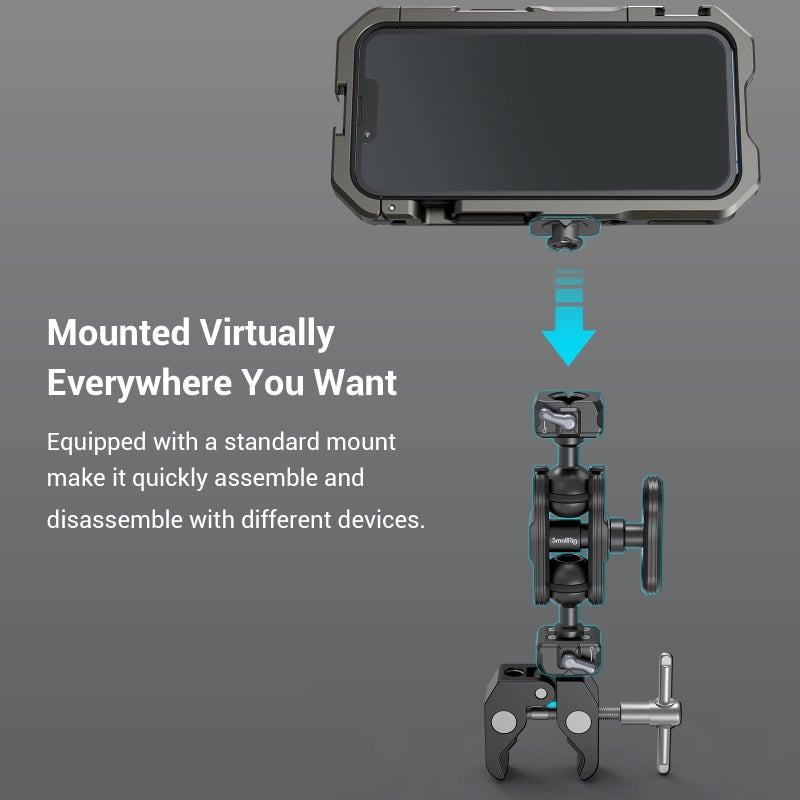 SmallRig Quick Release Ballhead Magic Arm 360Â° Rotation Articulating Magic Arm with 1/4" Screw, Drop-in HawkLock Camera Clamp for Field Monitor, Camera, Light, Max Load of 5kg, Aluminum Alloy - 3515C - Image 5