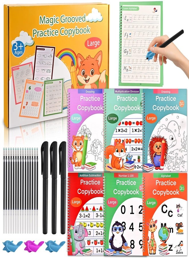 GOLDGE Magic Grooved Practice Copybook for Kids 3-8 - 6 Reusable Handwriting Practice Books with Pens | Letter & Number Tracing, Math & Drawing | Preschool & Kindergarten Workbook Set - Image 1