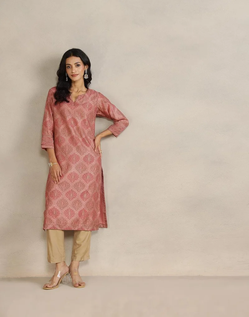Fabindia Pink Cotton Silk Hand Block Printed Long Kurta