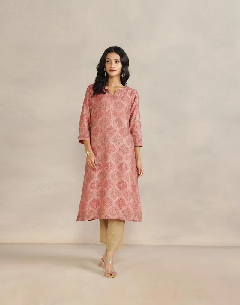Fabindia Pink Cotton Silk Hand Block Printed Long Kurta