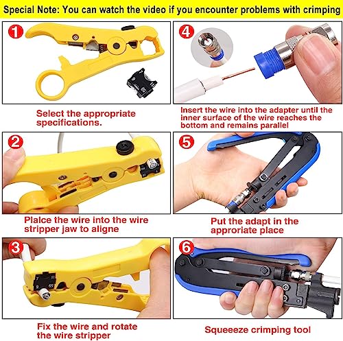 Taiss Coaxial Compression Tool Coax Cable Crimper Kit with 20 PCS F Style RG6 connectors,Adjustable RG6 RG59 RG11 75-5 75-7 Coaxial Cable Stripper,coaxial cable crimper Tool Kit - Image 2