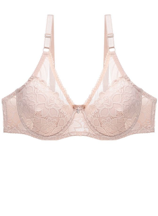 Loquat Solid Color Lace Ultra Thin C D Cup Bra Women's Underwear Beige 