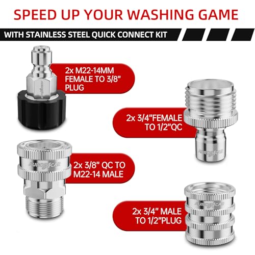AURORA CAR Pressure Washer Quick Connect Kit, Stainless Steel Pressure Washer Adapter Set, M22-14mm Swivel to 3/8" Quick Connect Fittings, 3/4 Inch Hose Fittings, 8 Pack - Image 2