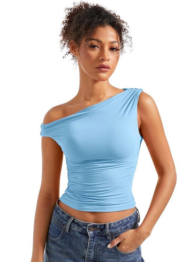SUUKSESS Women Off Shoulder Tops Sleeveless Shirts Y2K Going Out Crop Tank Top, Baby Blue, L - Image 1