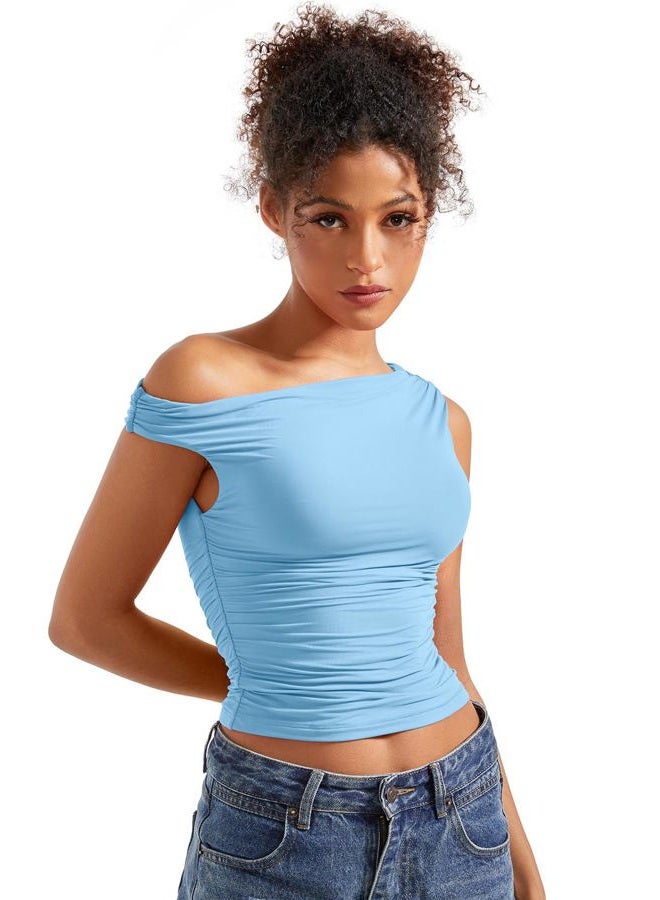 SUUKSESS Women Off Shoulder Tops Sleeveless Shirts Y2K Going Out Crop Tank Top, Baby Blue, L - Image 4