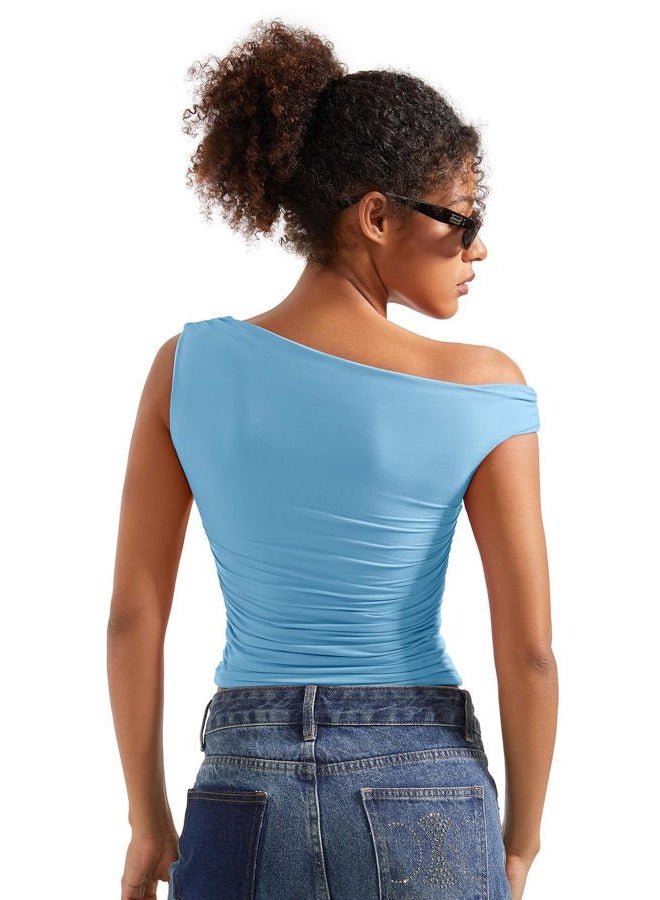 SUUKSESS Women Off Shoulder Tops Sleeveless Shirts Y2K Going Out Crop Tank Top, Baby Blue, L - Image 3