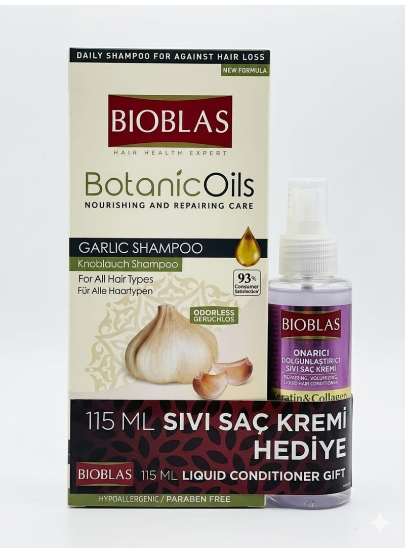 BIOBLAS BOTANIC OILS NOURISHING AND REPAIRING CARE GARLIC SHAMPOO PARABEN FREE 360 ML FOR ALL HAIR TYPES+KERATINE & COLLAGEN LIQUID CONDITIONER 115ML GIFT - Image 1