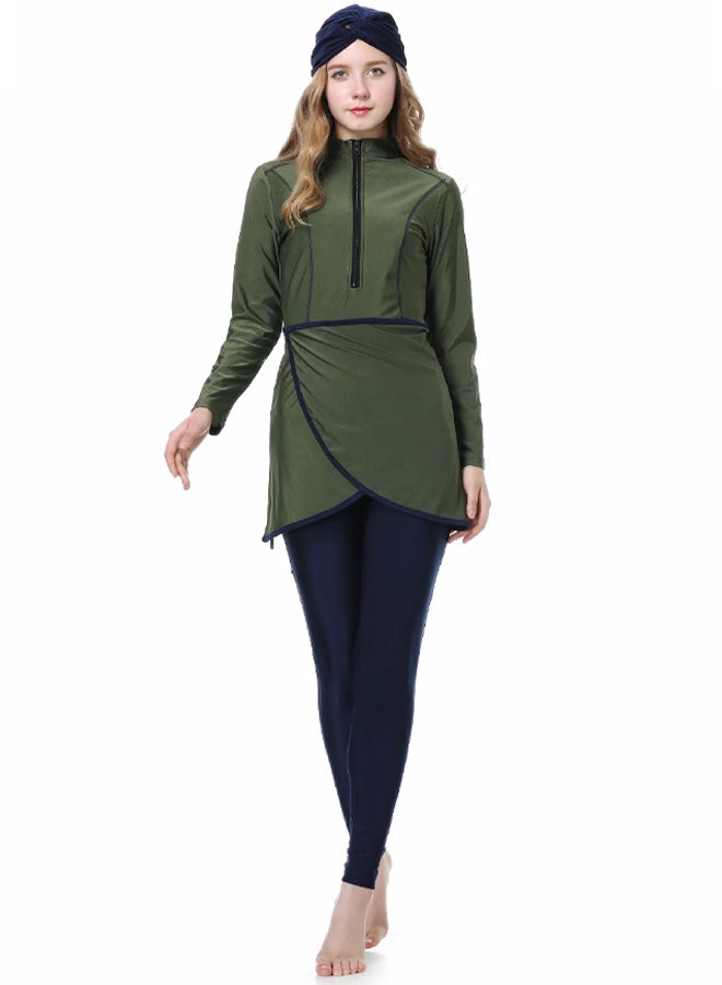 MARGOUN Women Large Size Muslim Swimming Costume for Women 3 Piece Full Coverage Zipper Front Swimwear Islamic Rash Guard Green