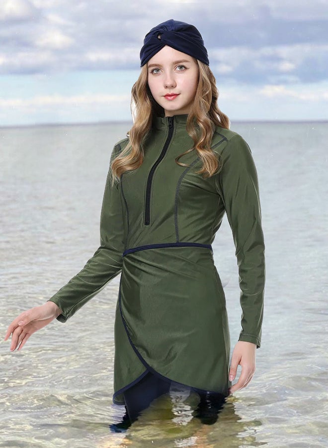 MARGOUN Women XL Size Muslim Swimming Costume for Women 3 Piece Full Coverage Zipper Front Swimwear Islamic Rash Guard Green - Image 3