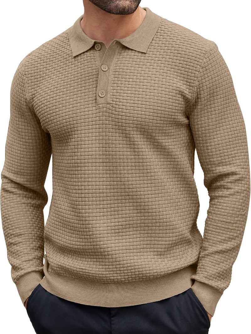 COOFANDY Men's Knit Polo Sweater - Casual Long Sleeve Collared Pullover in Khaki, XL - Image 1