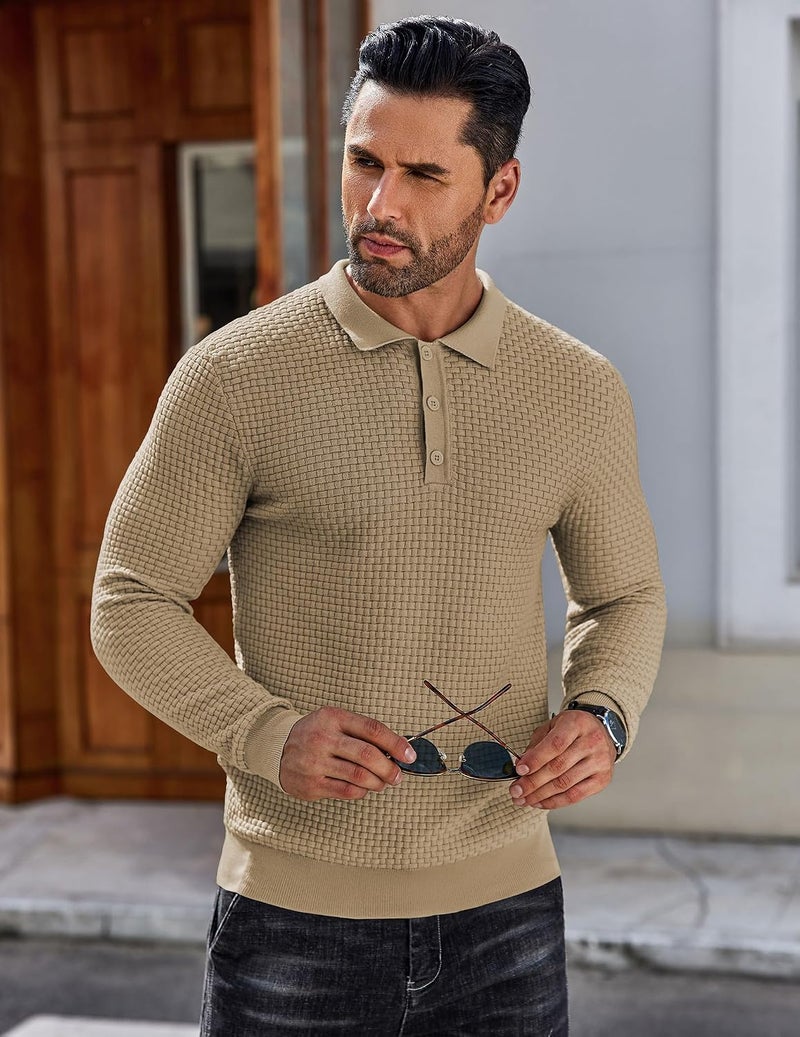 COOFANDY Men's Knit Polo Sweater - Casual Long Sleeve Collared Pullover in Khaki, XL - Image 5
