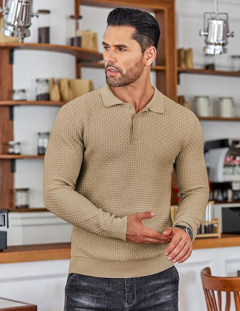 COOFANDY Men's Knit Polo Sweater - Casual Long Sleeve Collared Pullover in Khaki, XL - Image 2