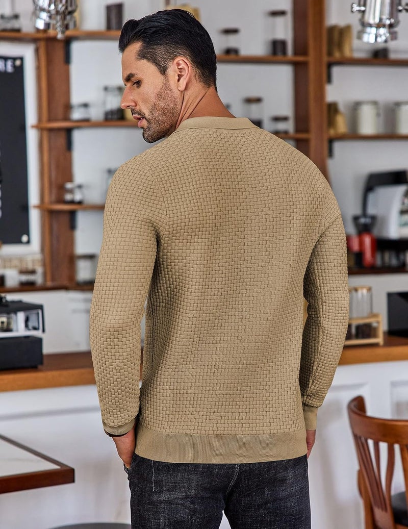 COOFANDY Men's Knit Polo Sweater - Casual Long Sleeve Collared Pullover in Khaki, XL - Image 3