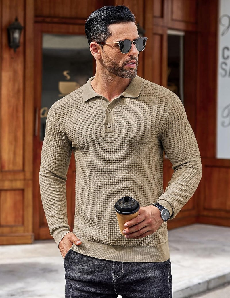 COOFANDY Men's Knit Polo Sweater - Casual Long Sleeve Collared Pullover in Khaki, XL - Image 4