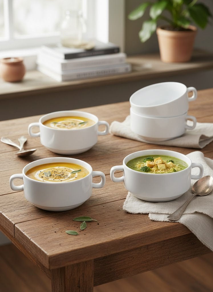 REEM Porcelain Soup Bowl Set 6 Pieces White Double Handle 4.25 Inch Ideal for Daily Use Home Kitchen and Outdoor Dining - Image 1