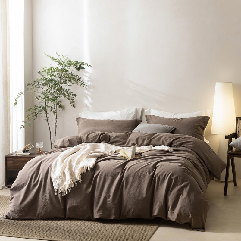 BDEAR Linen Feel Light Chocolate Brown Duvet Cover Queen Size 90 L x 90 W 100 Washed Cotton Duvet Cover with Zipper Closure Plus 2 Pillowcases Oeko TEX Standard Certificated