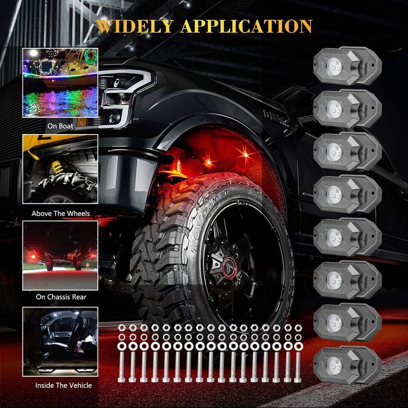 Niking Auto مجموعات أضواء الصخور RGB، تحتوي على 8 وحدات من أضواء LED بتقنية الإضاءة الخلفية RGB، مع جهاز تحكم عبر البلوتوث وإضاءة متعددة الألوان، مناسبة للشاحنات والمركبات غير الرسمية والدراجات النارية والقوارب. - Image 2